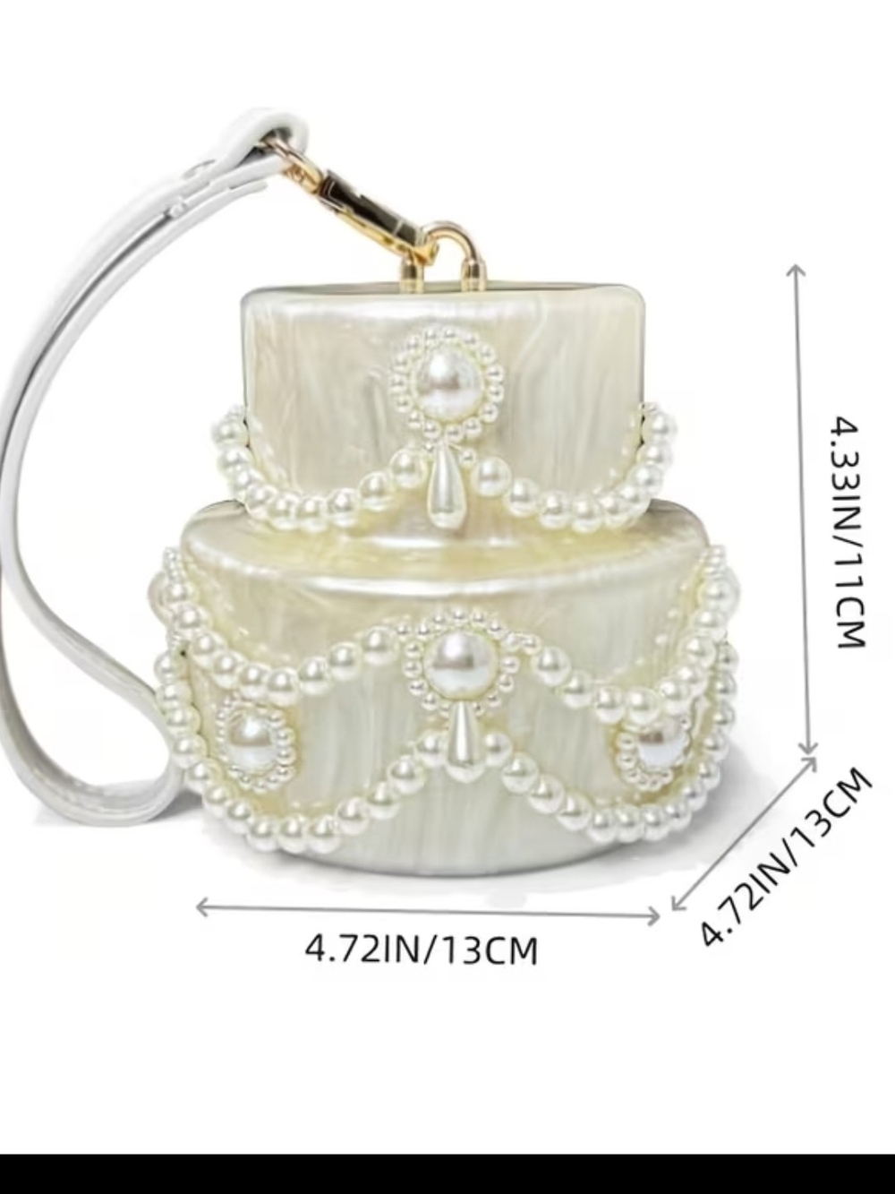 Pearl-Embellished Ivory Wedding Cake-Shaped Wristlet Bag